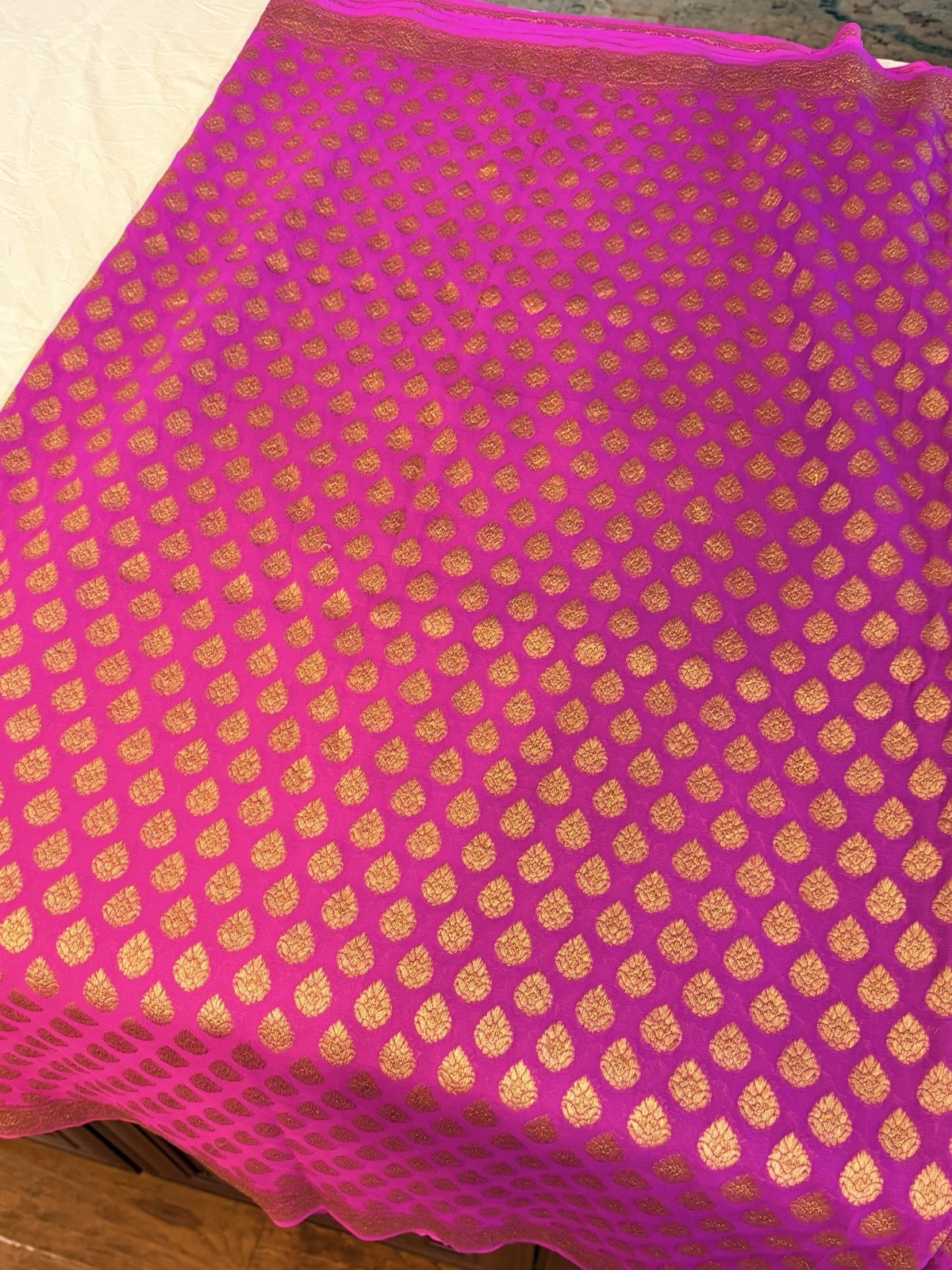 Dual Shade Khaddi Georgette Saree – Hot Pink, Purple & Bronze Gold Zari