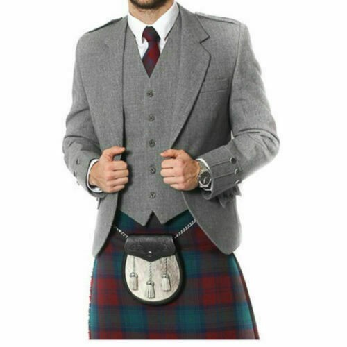Men’s Grey Wool Argyle Kilt Jacket With Waistcoat Scottish Wedding