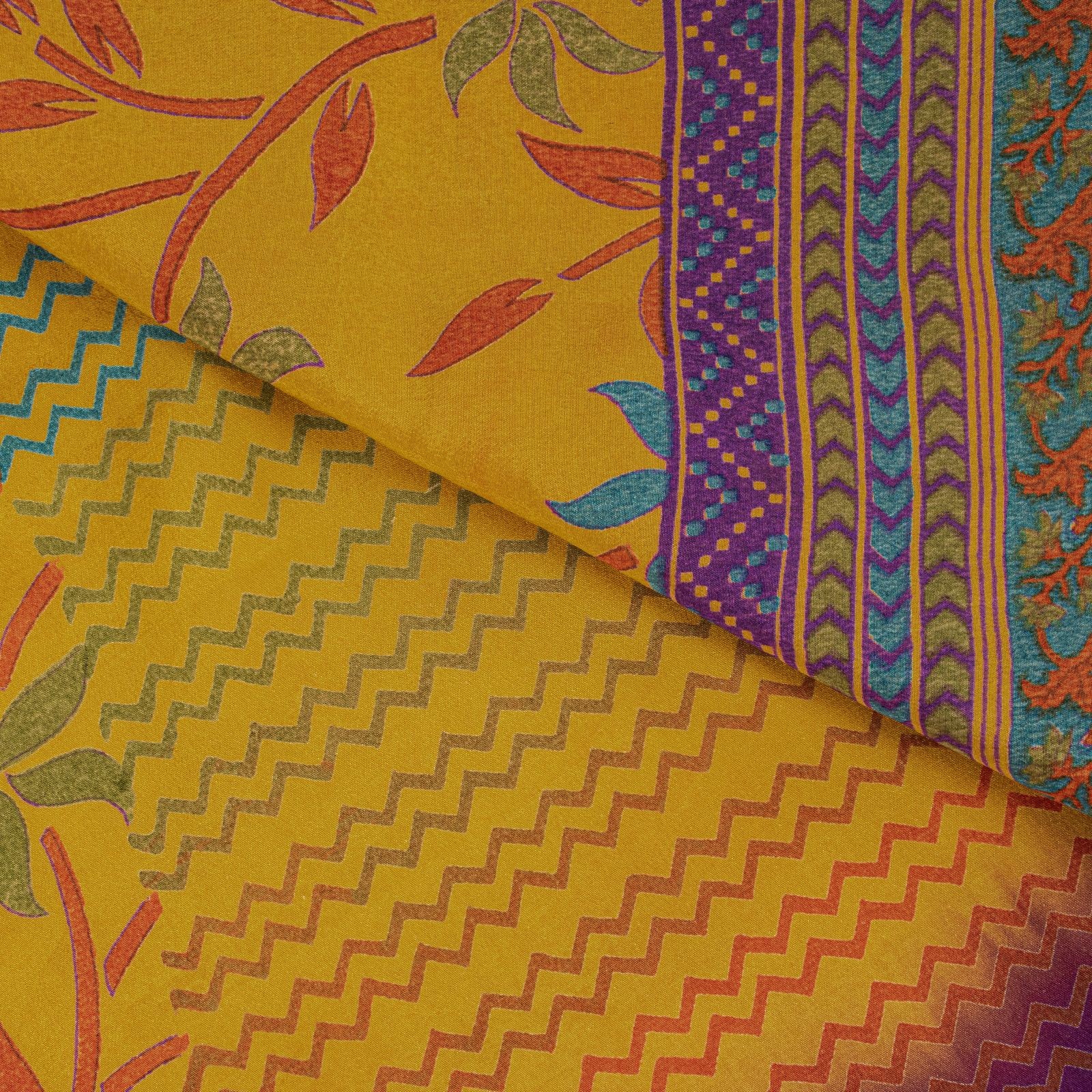 Sanskriti Vintage Saree Violet-Yellow Pure Crepe Floral Printed Sari 6Yd Fabric