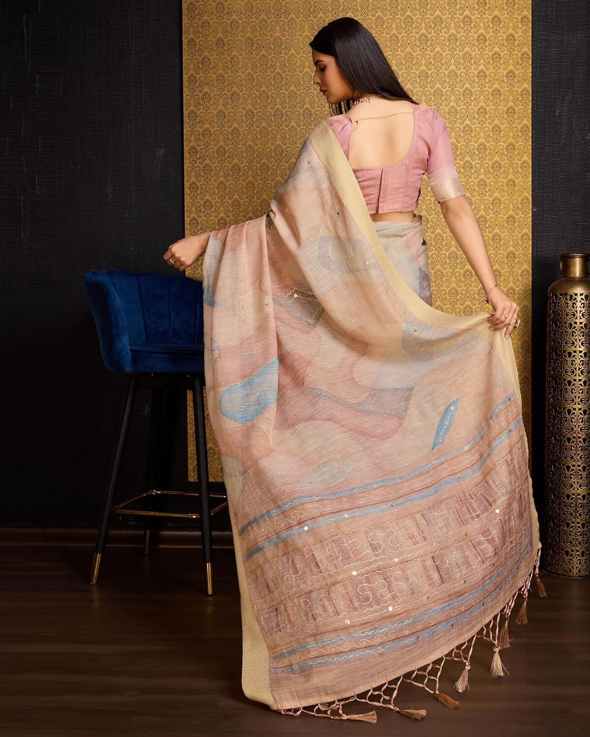 Women’s Heavy Organza Silk Linen Prism Print Saree with Zari Handwork saree