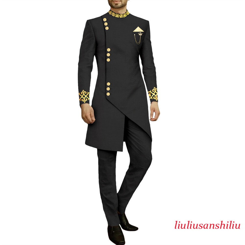 Men African Suits Dashiki Embroidery Jacket and Pants 2 Piece Set Formal Outfits