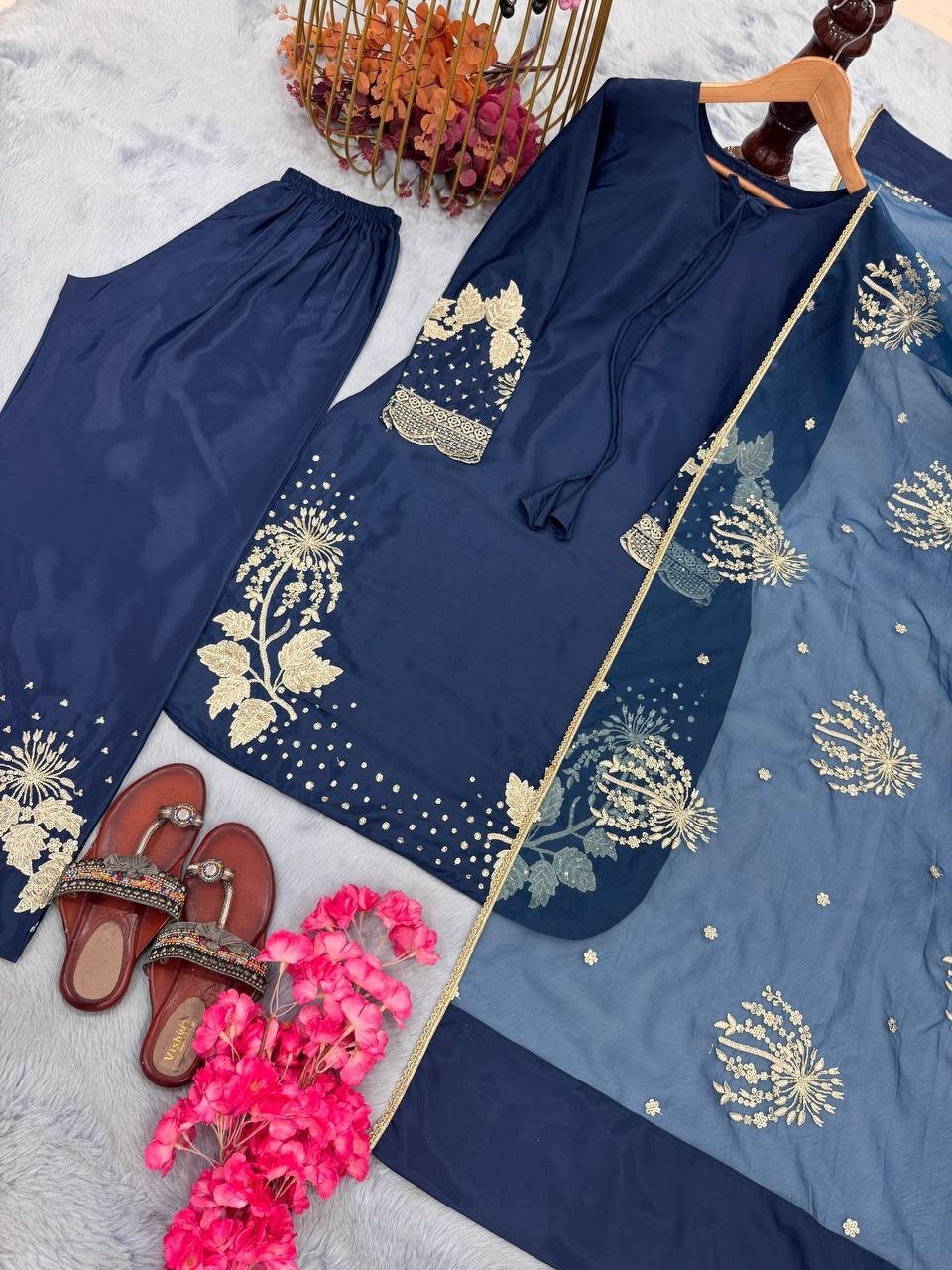 Party Collection Pure Natural Crepe Blue Top Palazzo And Dupatta For Women Wear