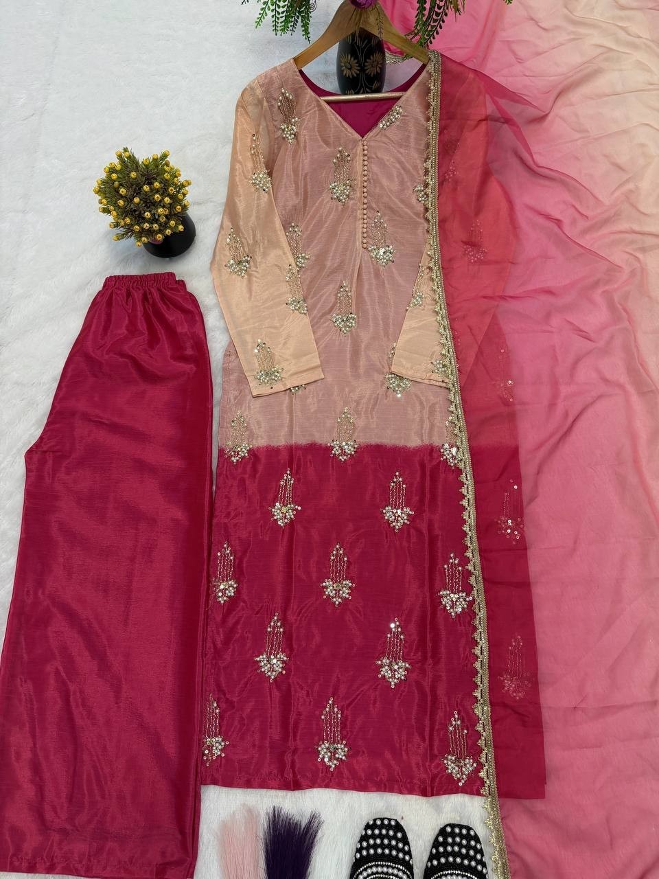 Elegant Designer Chinnon Silk Kurta Palazzo With Dupatta For Women & Girls