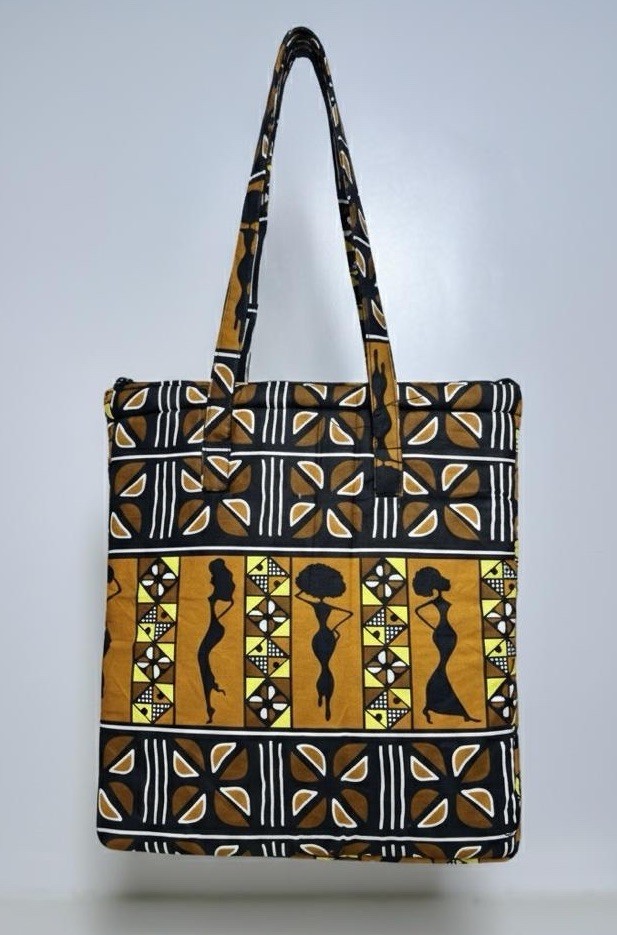 Handmade African Print Tote Bag Yellow Cotton Traditional Motif