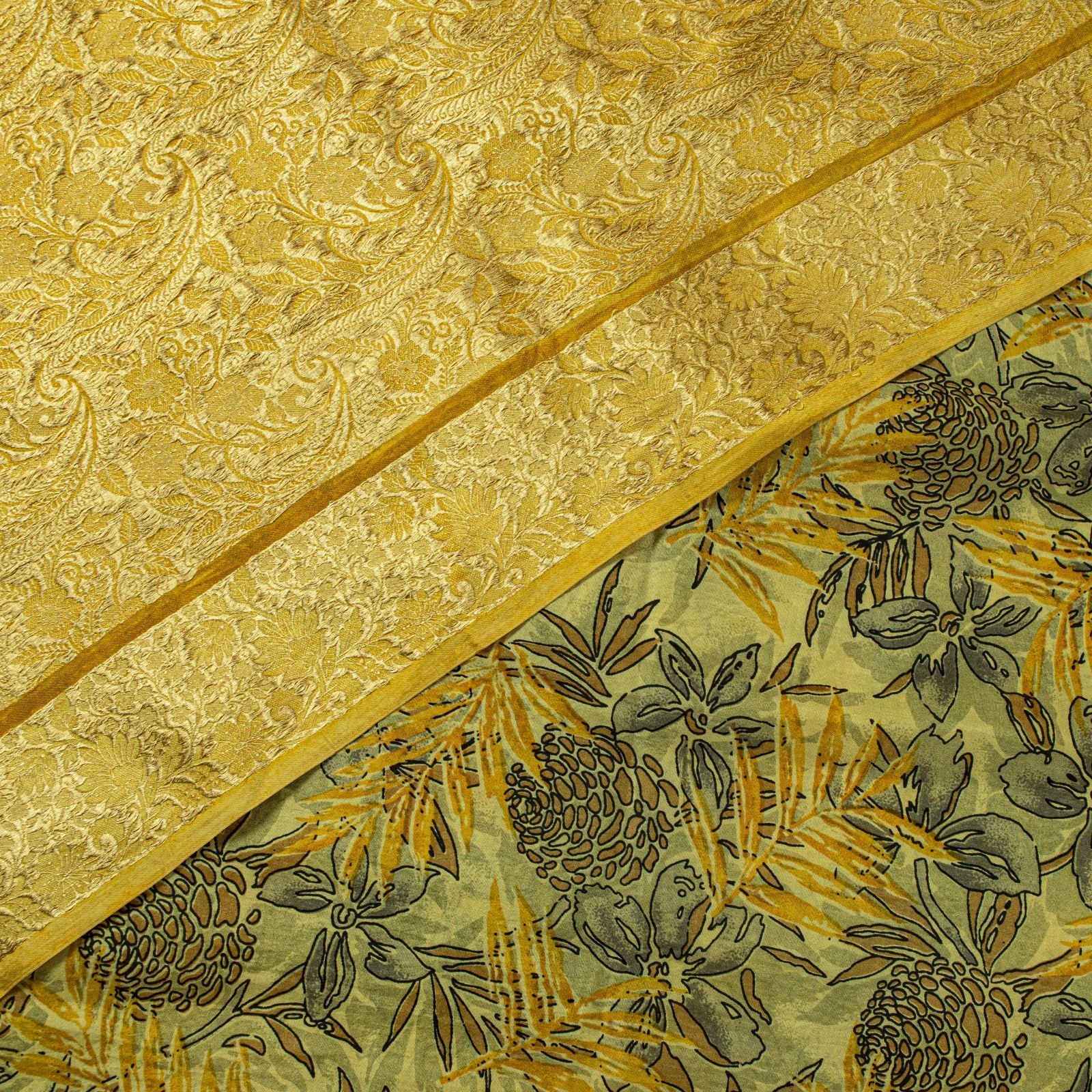 Sanskriti Vintage Saree Green-Yellow Soft Pure Silk Floral Print-Woven Sari 5.5Y
