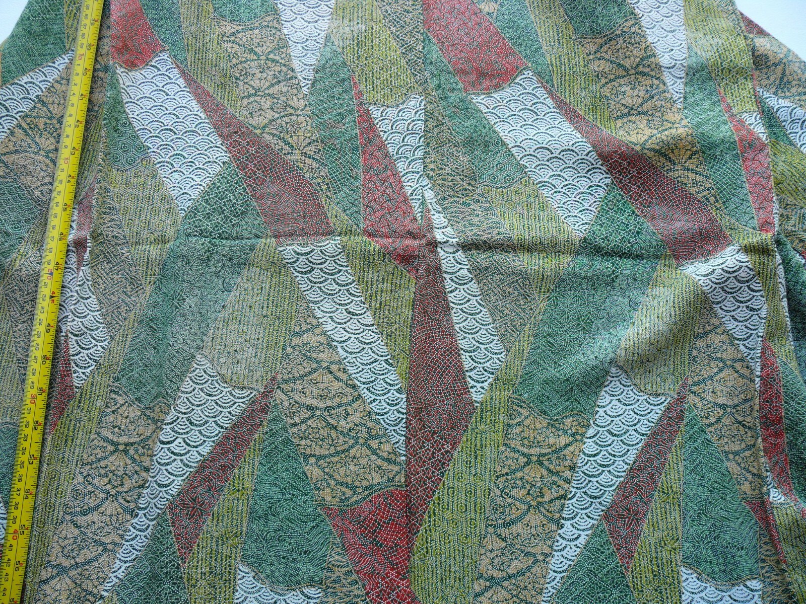 100% SILK WEDDING KOMON:Unique Abstract/Tsunami WAVE GREEN EATHY RED@F23a