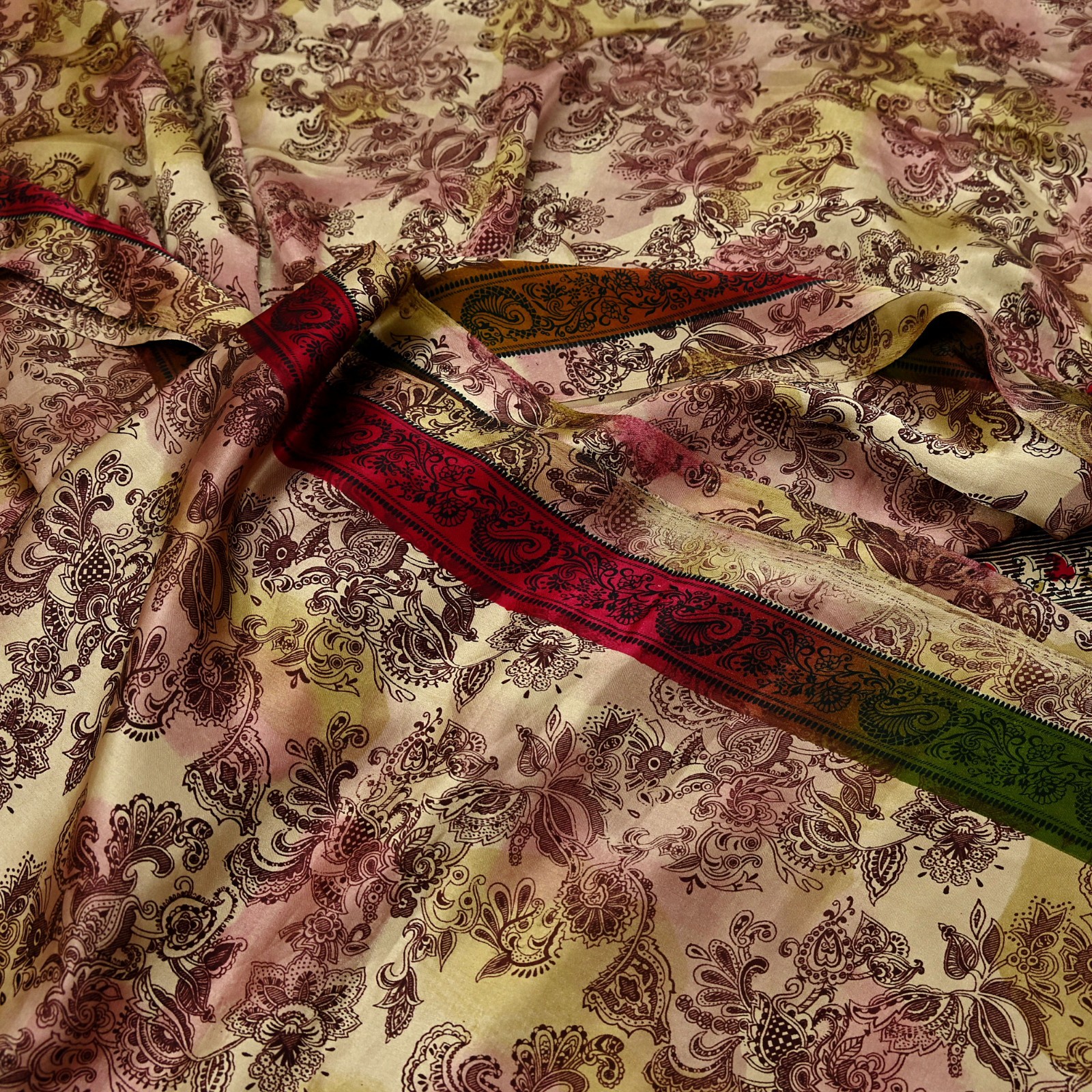 Indian Vintage Saree Green & Brown Satin Printed Sari 6yd Sewing Floral Fabric