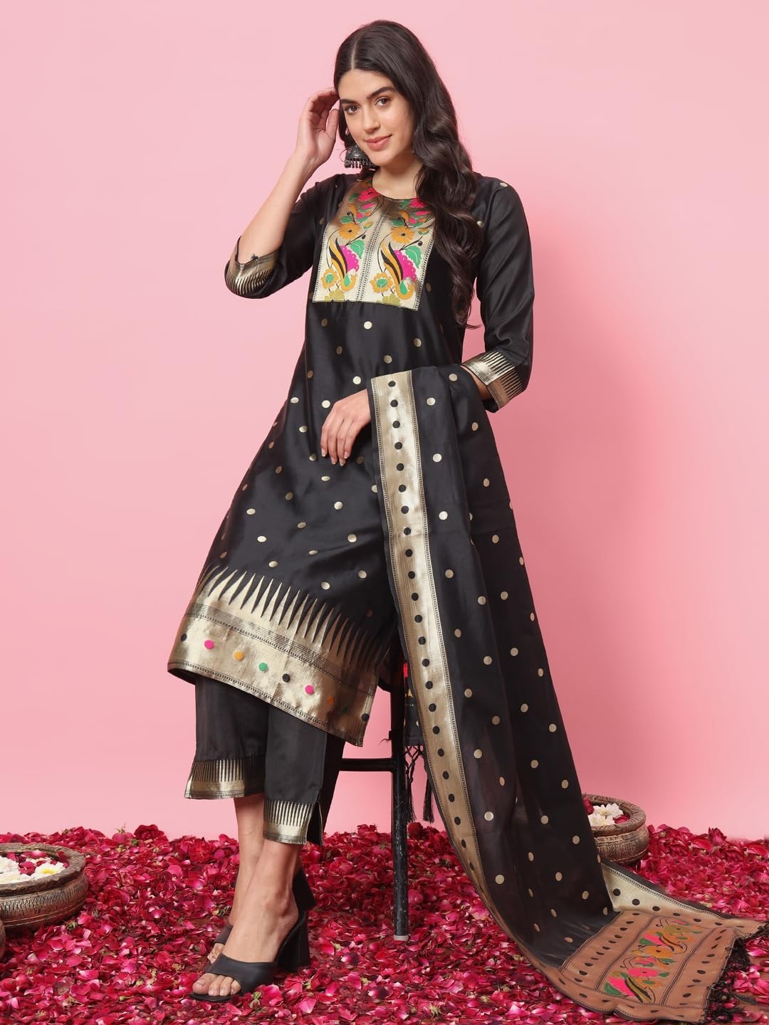 Women’s Cotton Silk Jacquard Straight Kurta with Pant & Banarasi Silk Dupatta
