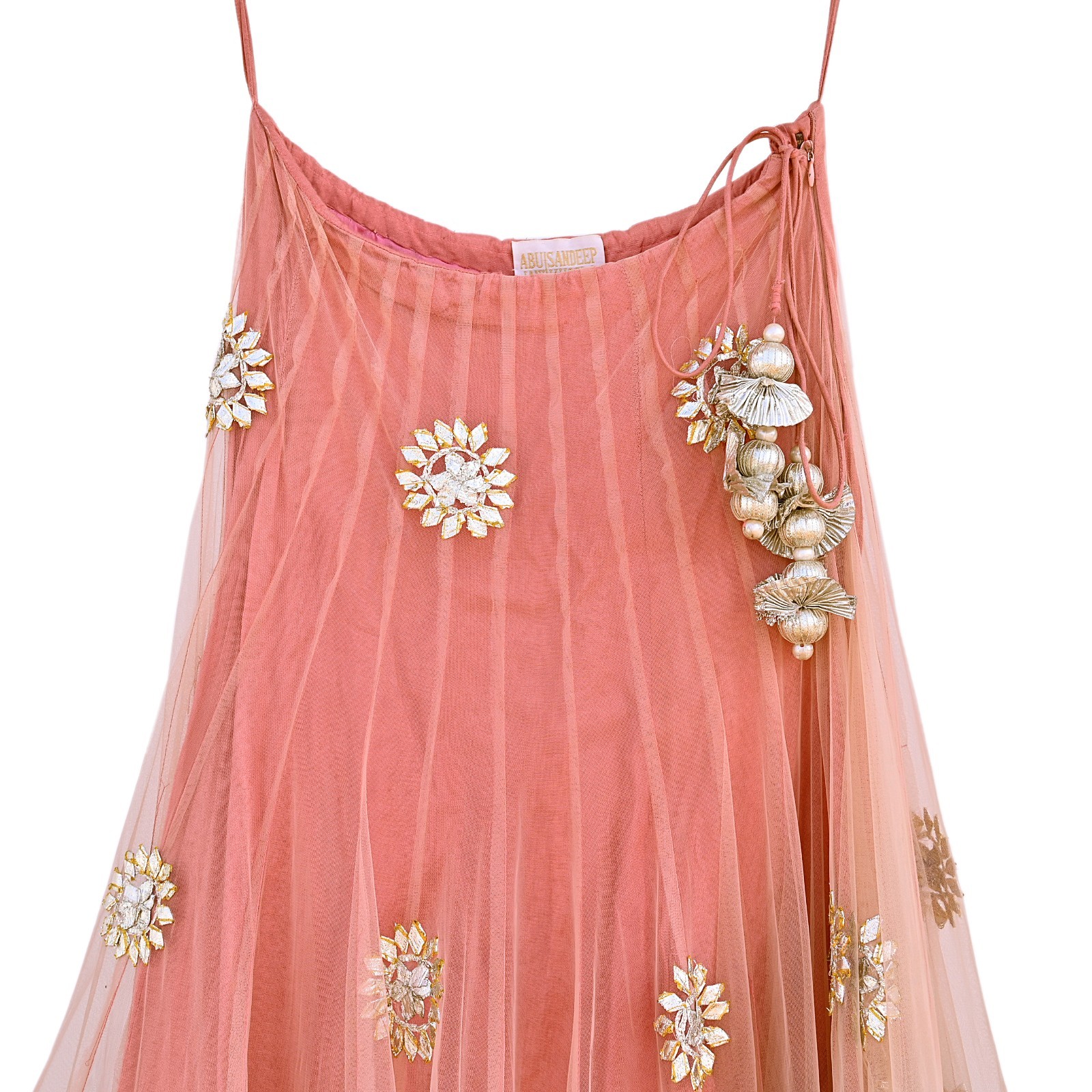 Pre-Owned Designer Abu Jani Hand Embroidered Peach Net Lehenga Skirt gota patti