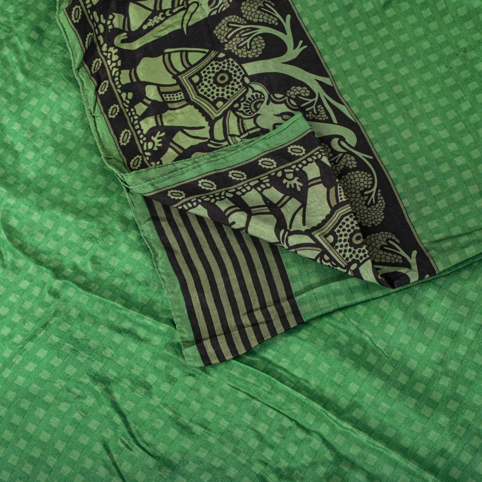 Sanskriti Vintage Saree Green Pure Mulberry Silk Elephant Print Sari 5+Yd Fabric