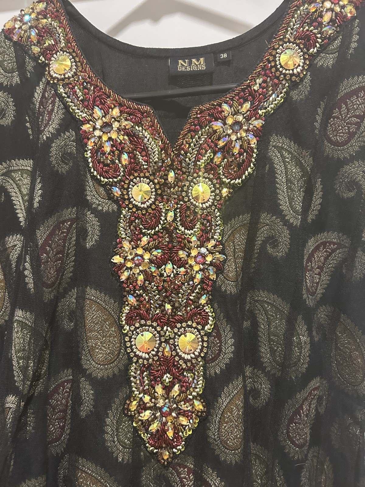 NM Designs Dress sz 38 India Intricate Beadwork Silk Hem Flare Paisley Motif