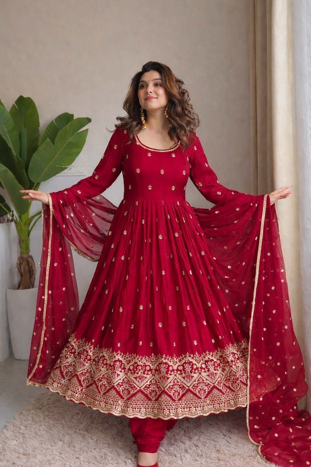 Women Anarkali Pure Cinon Silk Gown Traditional Ethnic Dress Wedding Party Dress