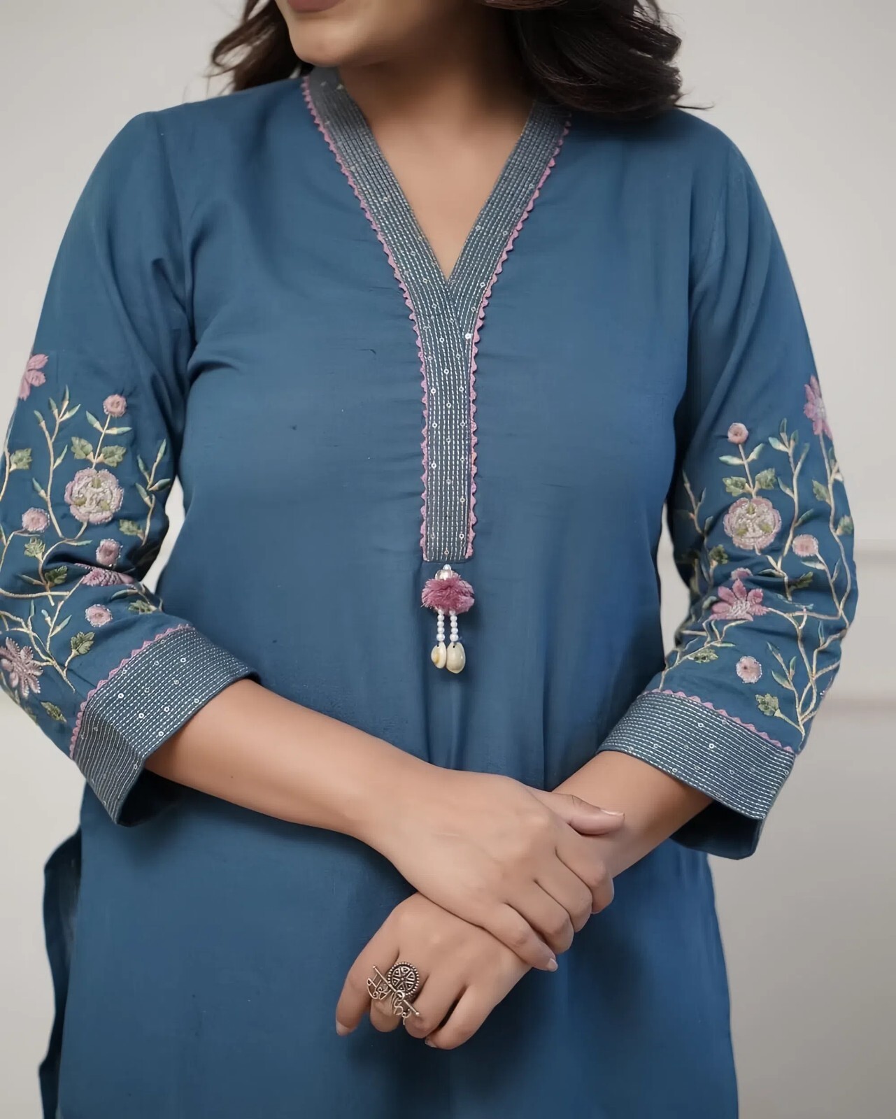 Women Multi-color Kurta Set with Embroidered Sleeves, V-Neck Straight Cut Pants