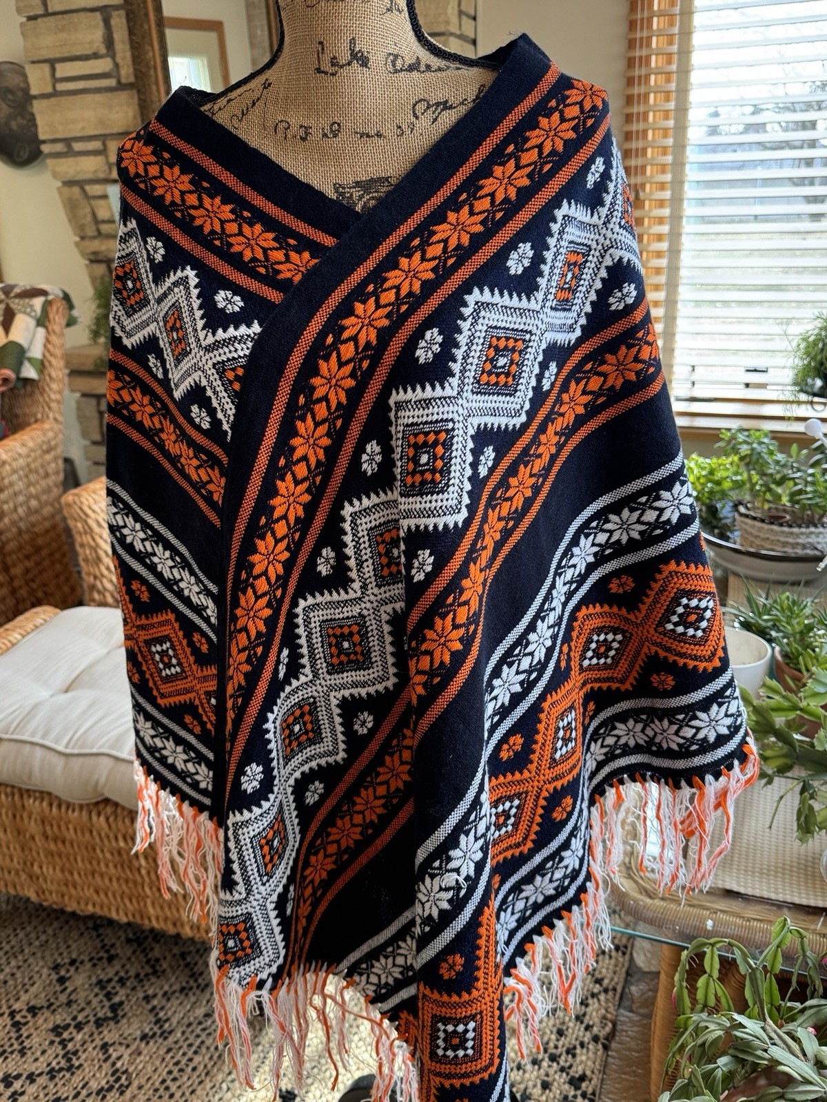Vintage Mexican Serape Acrylic Handwoven Black Orange White Native Design Shawl