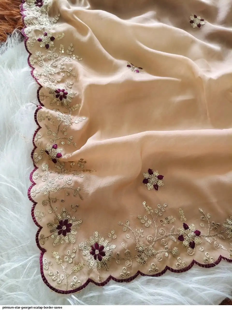Premium Star Georgette Golden Saree – Multi Sequence Embroidery & Scallop Border