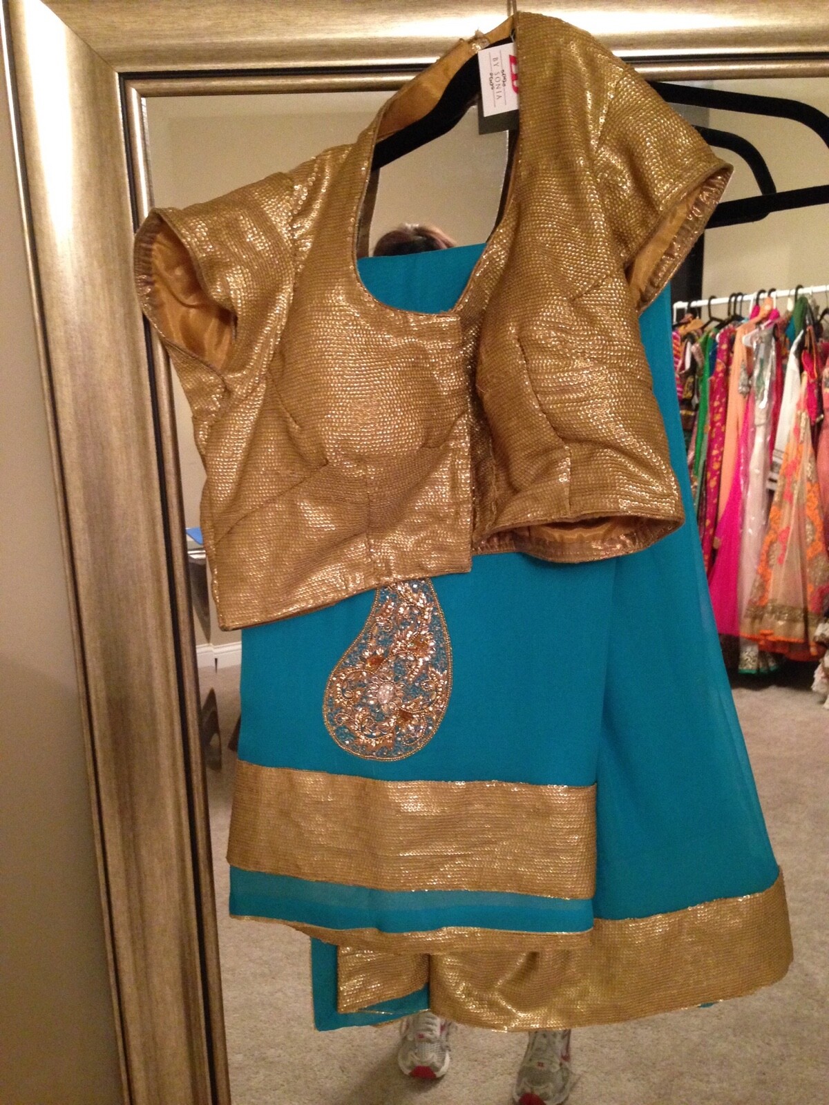 indian wedding saree sari aqua blue embroidery gold border 