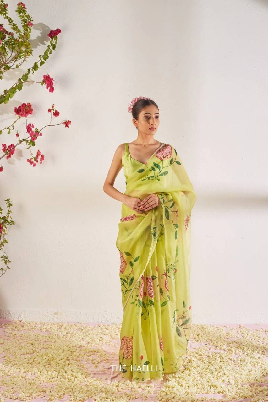 Beautiful floral print with beads and katdana handwork Soft Organza Saree