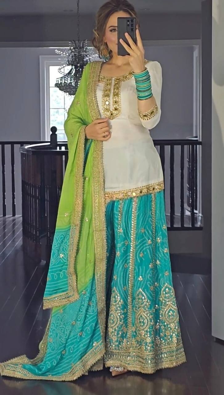 Women Pakistani Malay Silk White Color Heavy Sharara Suit For Wedding Wear Dress