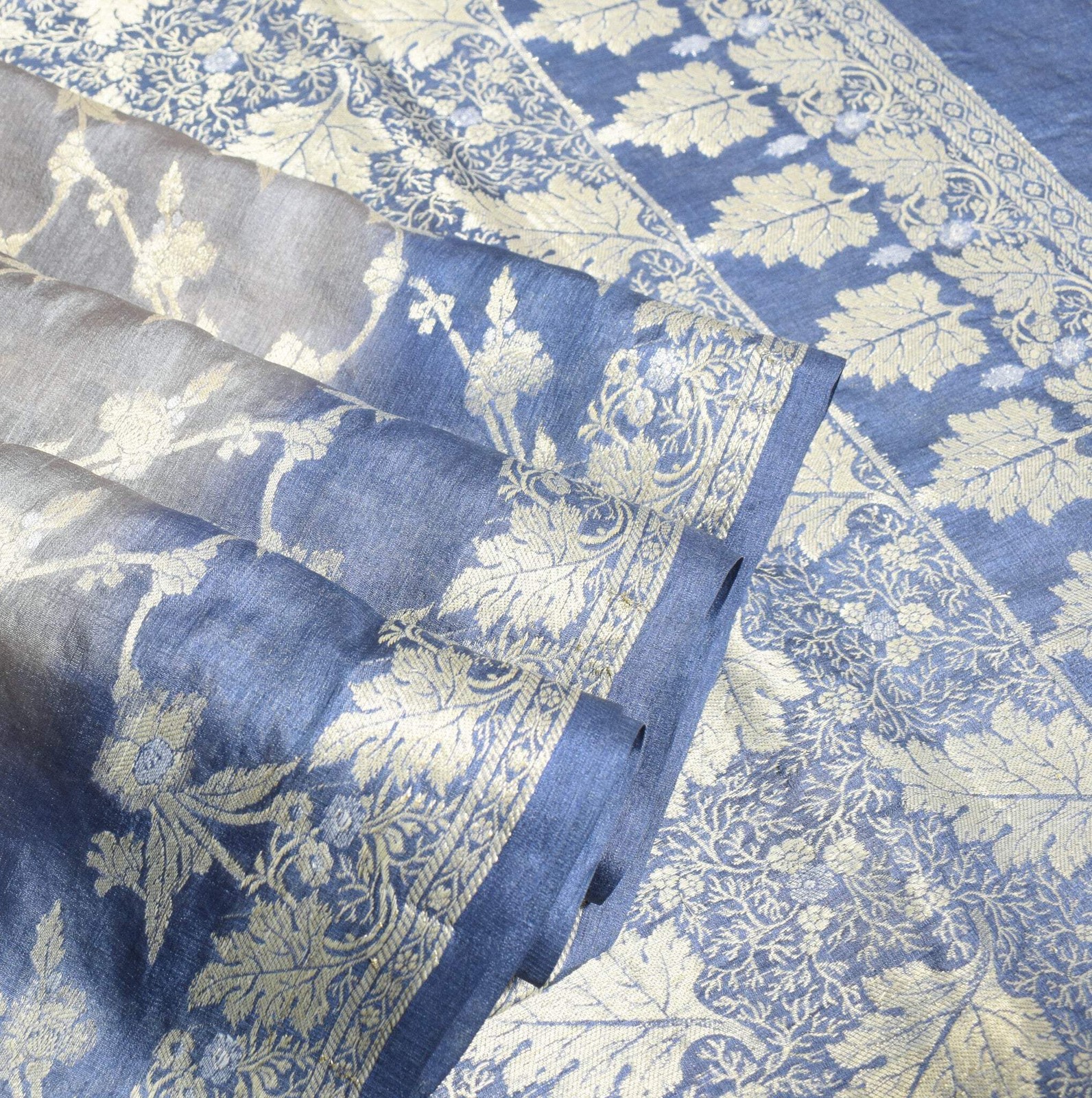 Sushila Vintage Floral Gray Saree Pure Tussar Silk Woven 6Yard Sari Craft Fabric