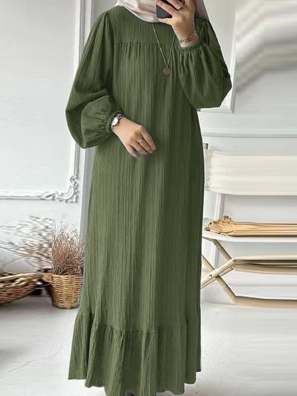 Women Dress Muslim Abaya Loose Burqa Long Sleeved Lady Plain Color Flounce Dress
