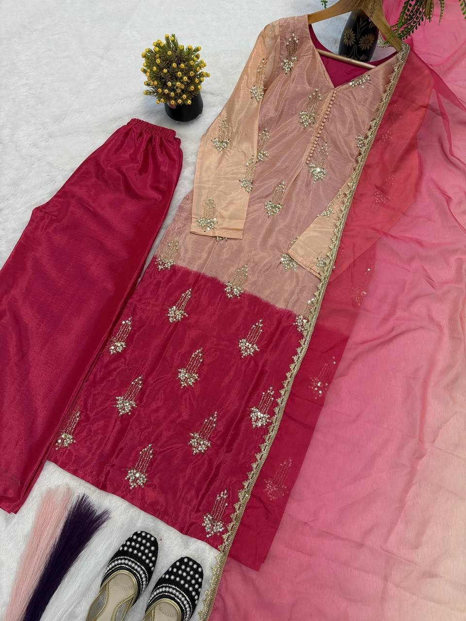 Elegant Designer Chinnon Silk Kurta Palazzo With Dupatta For Women & Girls