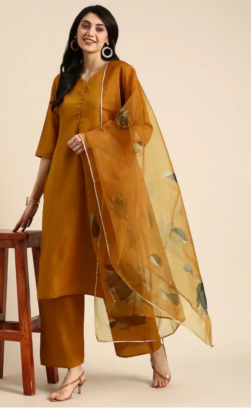 Indian Wear ; Women Brown Ethnic Solid Straight Kurta Palazzo and dupatta