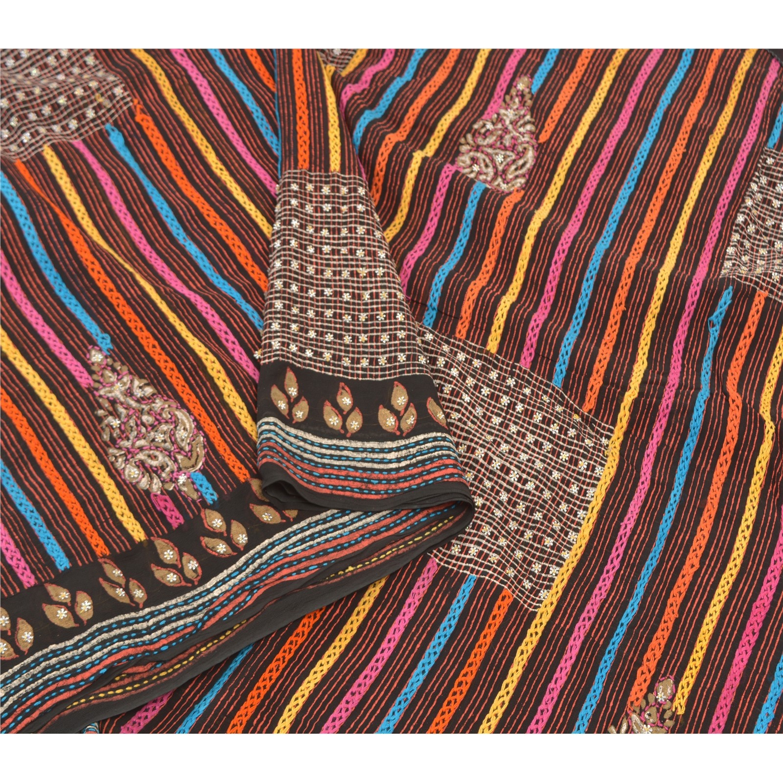 Sanskriti Vintage Sarees Blend Georgette Hand Beaded Cultural Craft Sari Fabric
