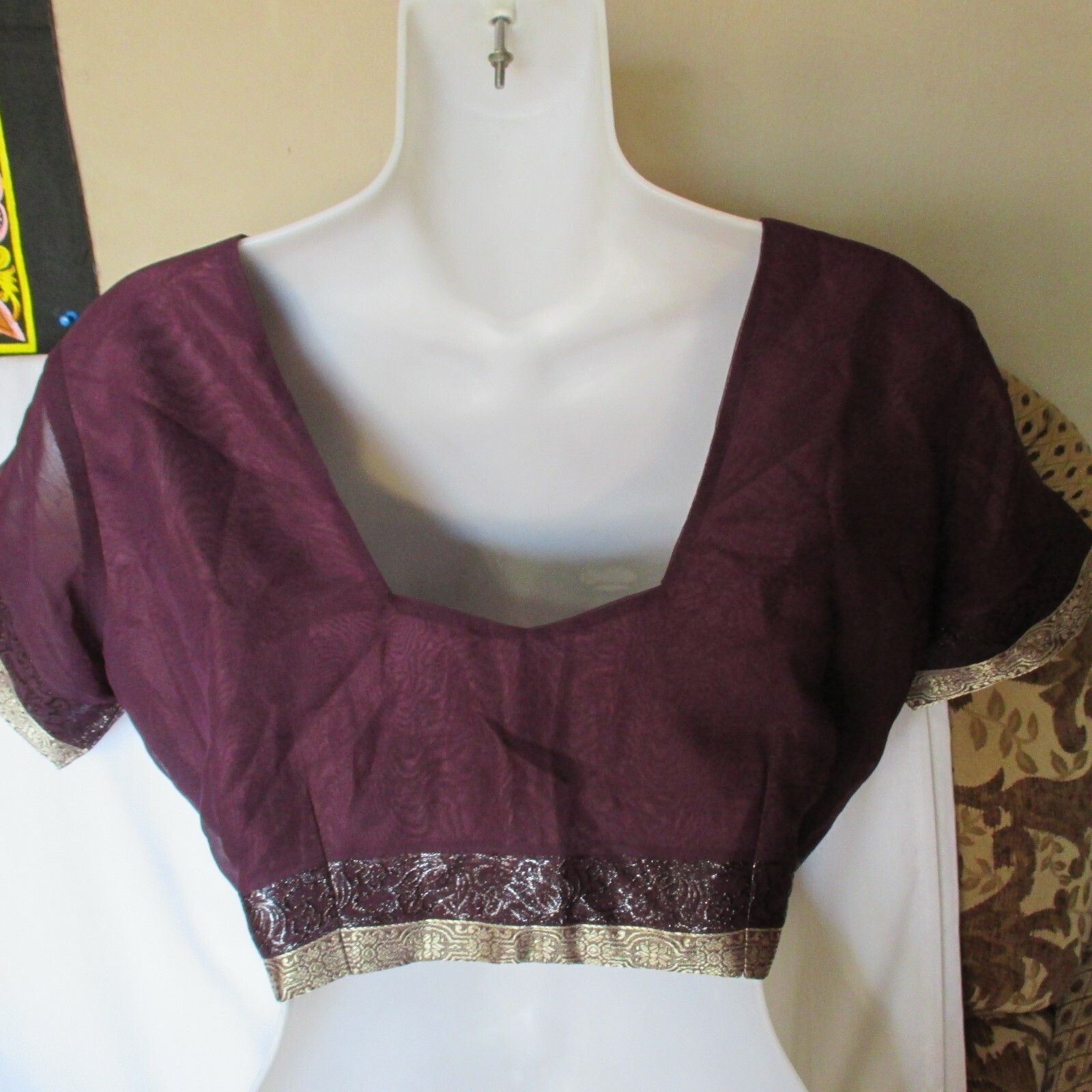 NEW Coke MAROON Gold Choli BLOUSE For SARI Skirt Amazing NECK STYLE TOP 36″ BUST