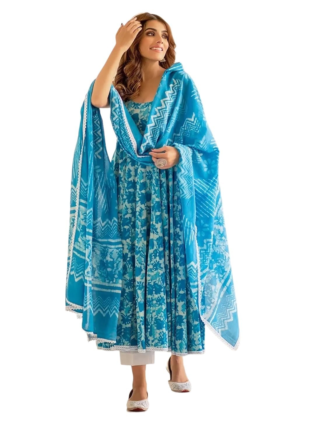 Women’s Cotton Blend Floral Printed Anarkali Kurta Pant with Dupatta Set