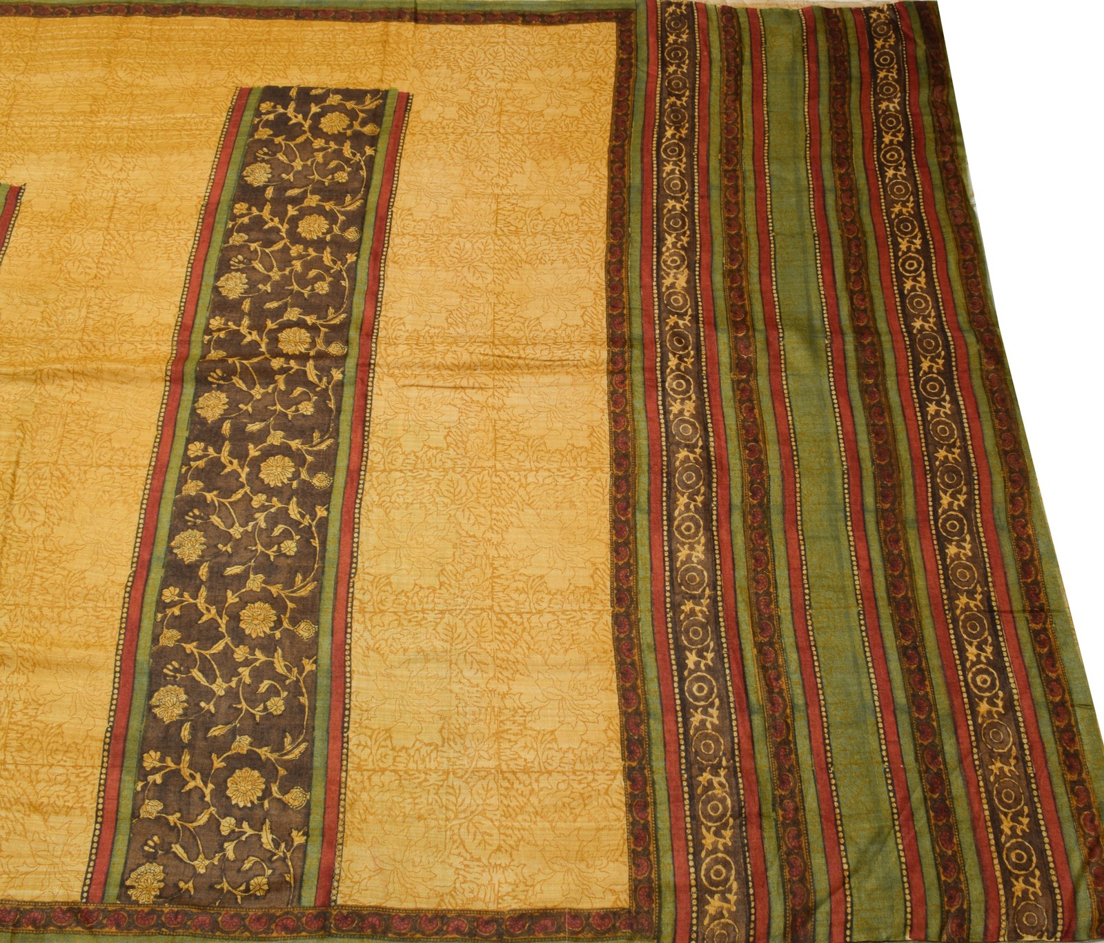 Sushila Vintage Mustard Saree 100% Pure Woolen Hand Block Printed Sari Fabric
