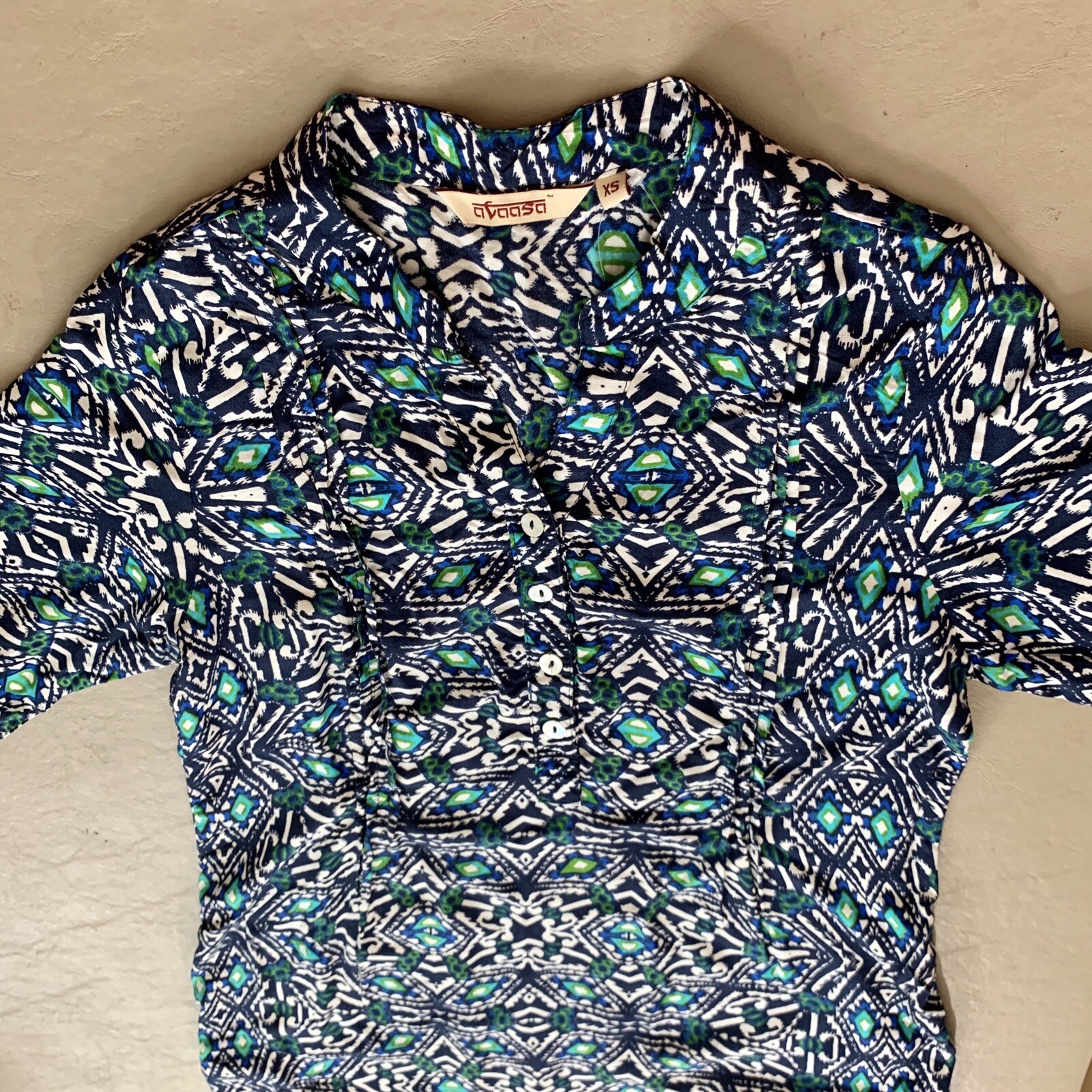 AVAASA Womens Tunic Blue Navy Print Kurta Indian Dress 3/4 Sleeve XS NEW