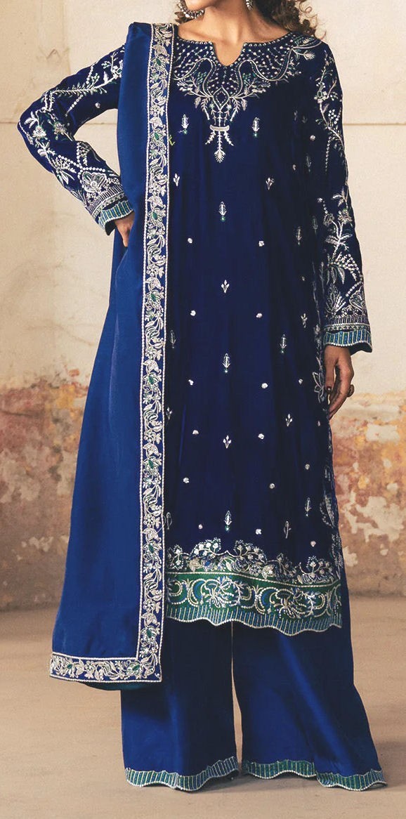 Maryum & Maria Women’s Micro Velvet Deep Blue Salwar Kameez w/ Dupatta – Medium