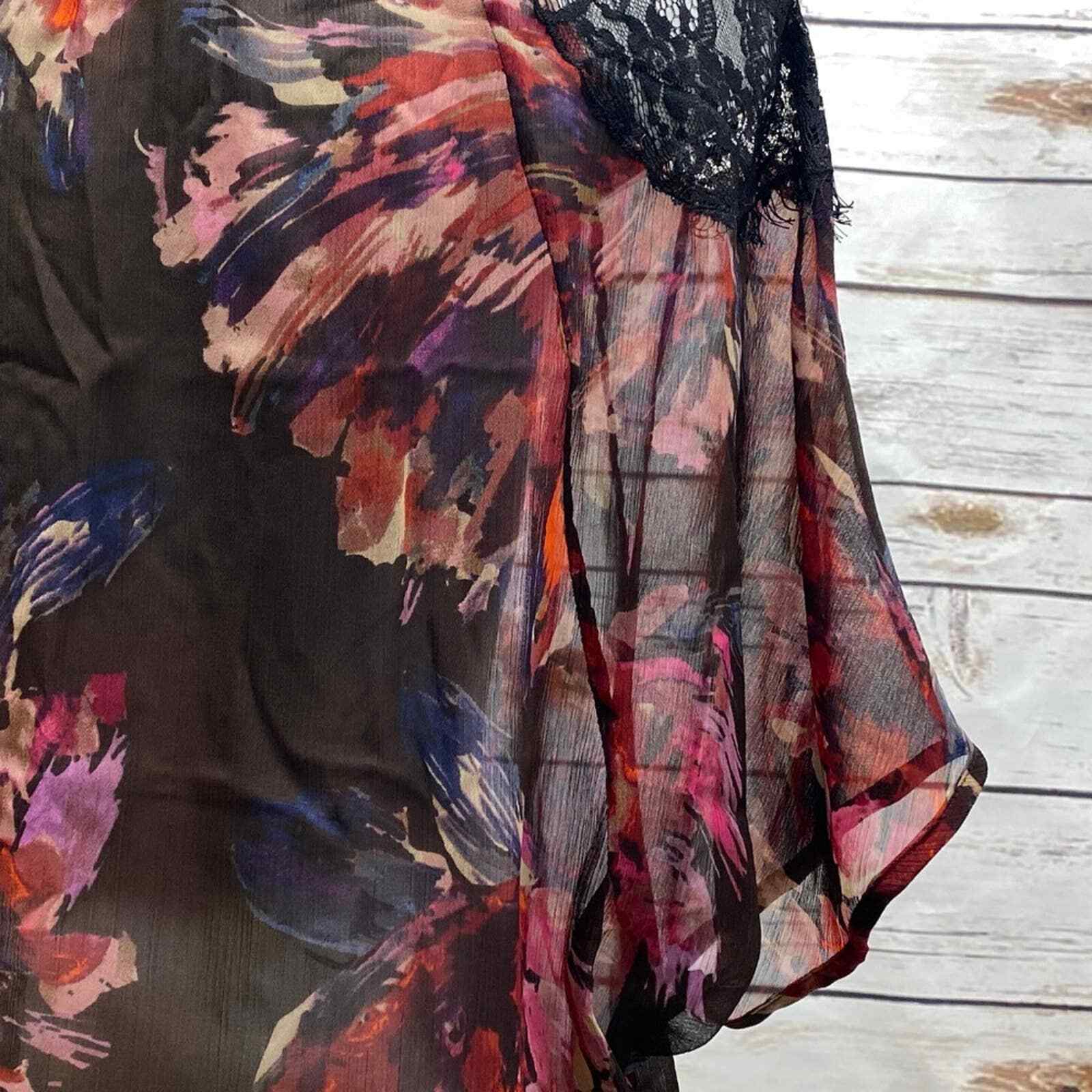 Cache Floral Top Lace See-Through Shoulders M Gathered elastic waist Black Pink