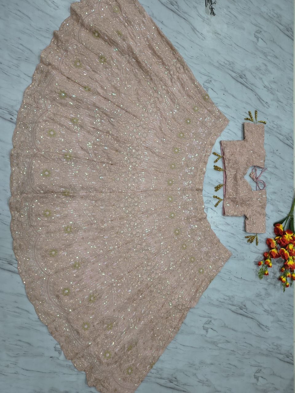 Fancy Designer Peach Faux Georgette Lehenga Choli With Dupatta For Wedding Wear