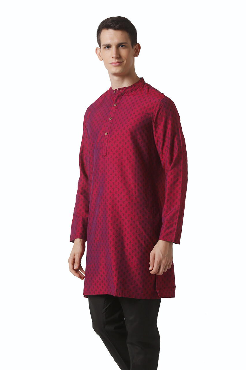 In-Sattva Men’s Mandarin Collar Micro Dobby Fine Print Magenta Kurta Tunic