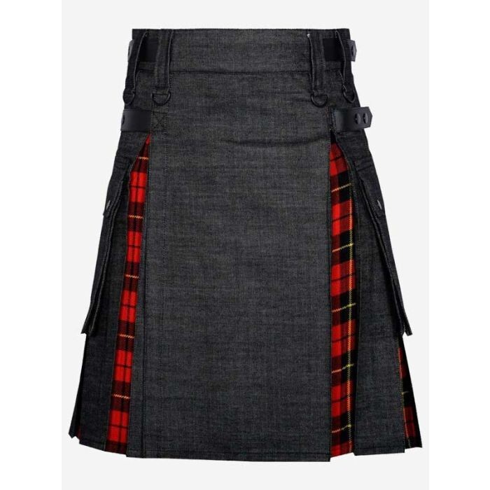 Black Denim Hybrid Scottish Utility Tartan Kilt with Adjustable Strap.
