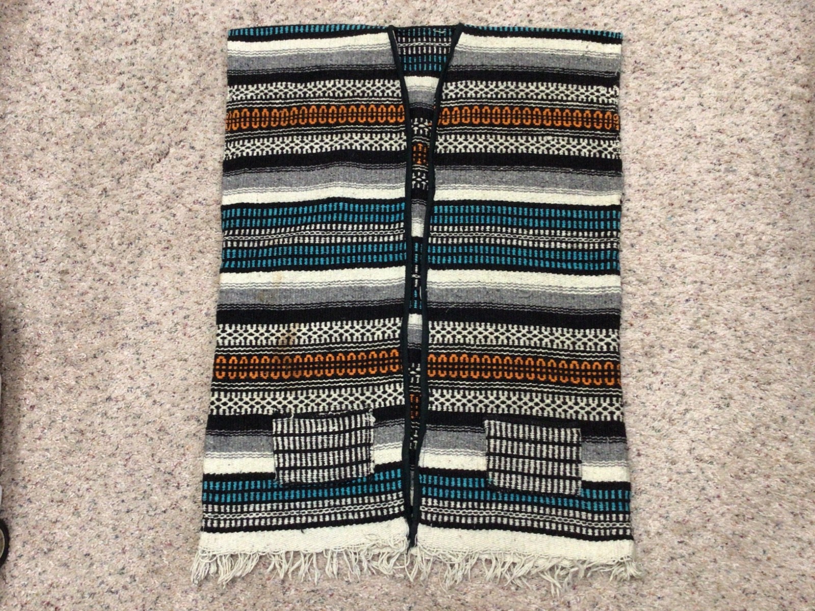Vintage 60-70’s Handmade Mexican Serape Woven Vest w/ Fringe & Pockets, 30 X 21″