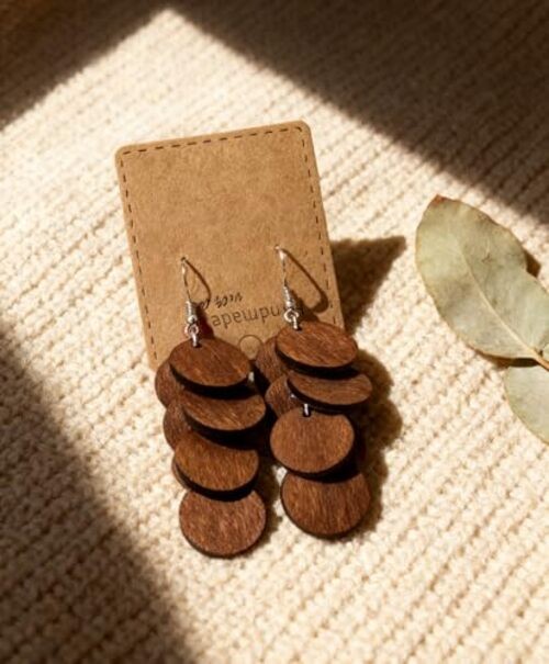 Bohemian Wooden Layered Disc Dangle 6 Circle Round Wooden Drop Earrings