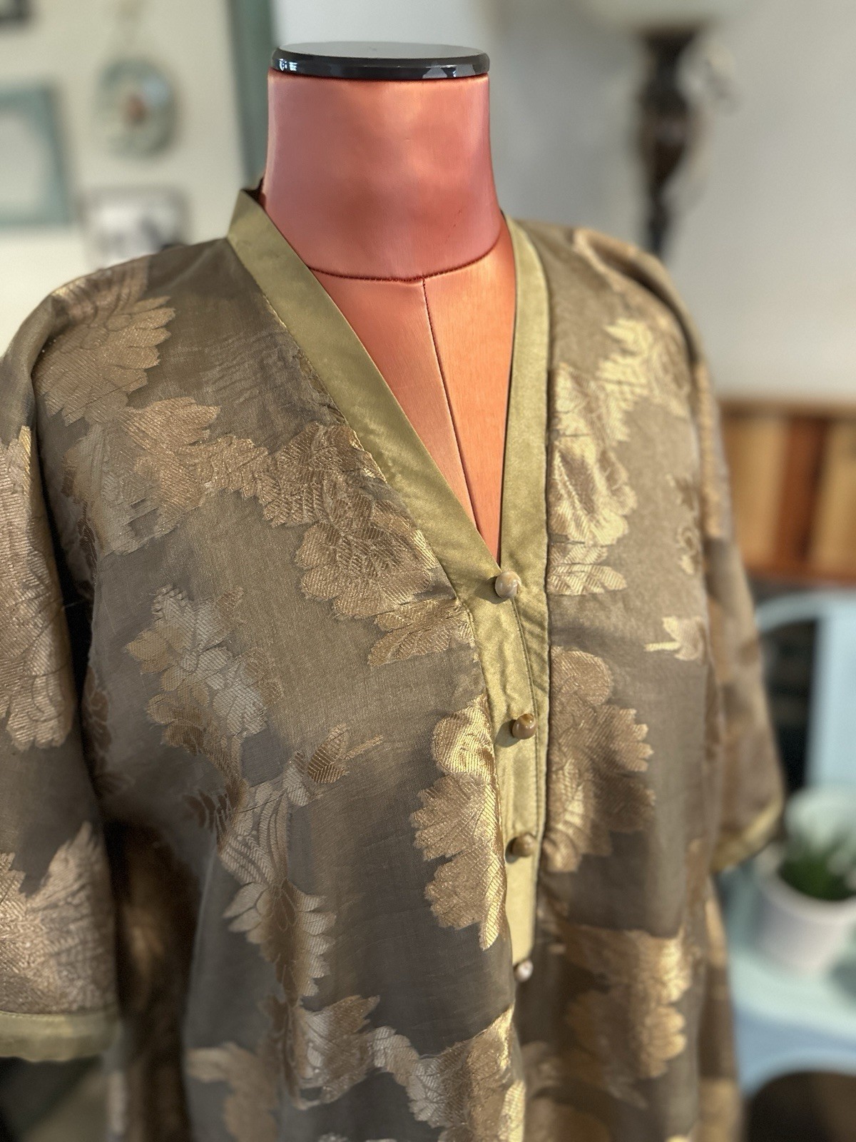 Gold & Beige Floral Pakistani kaftan Tunic Top with Button Neckline