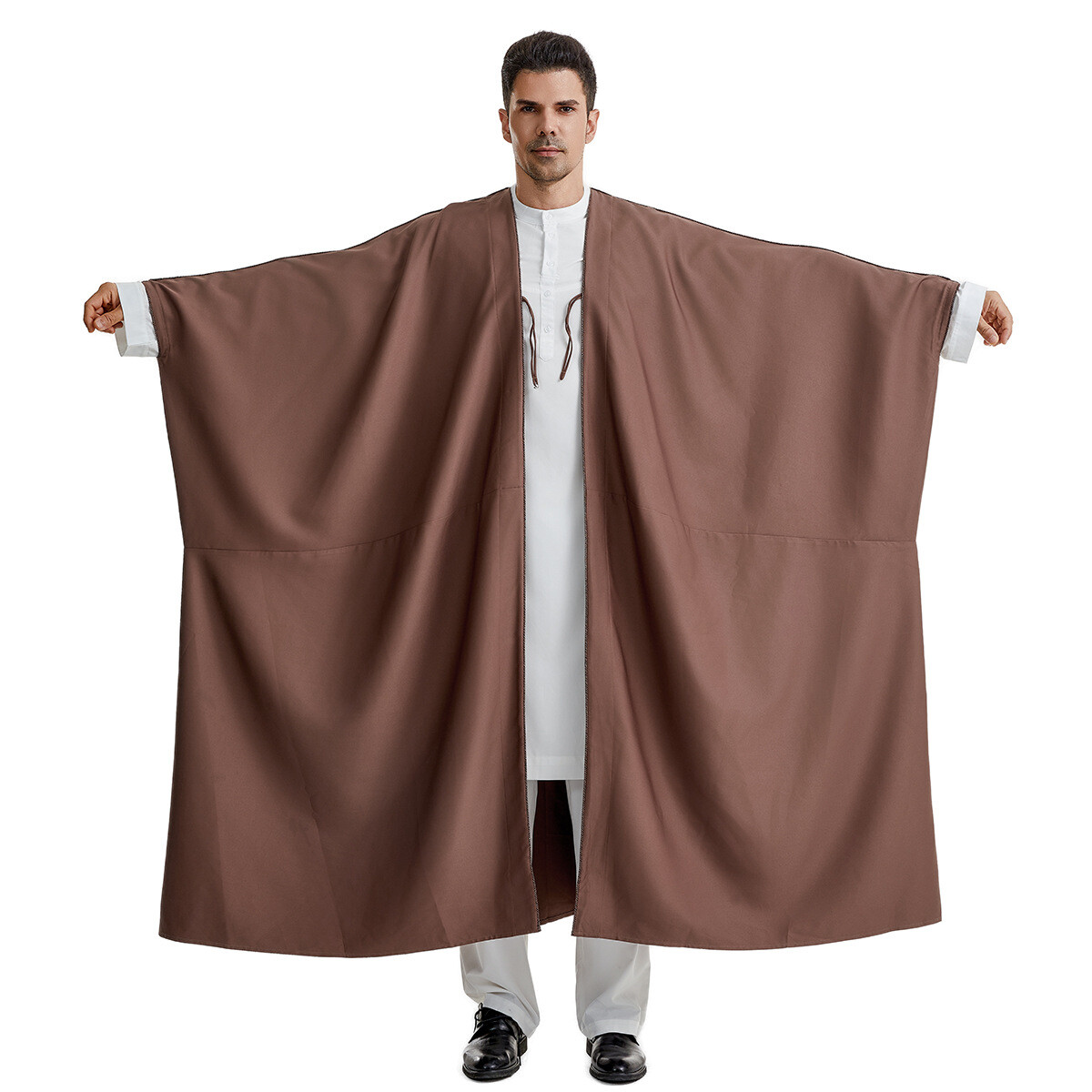 Saudi Arab Men Solid Color Open Kimono Batwing Robe Muslim Abaya Ramadan Prayer