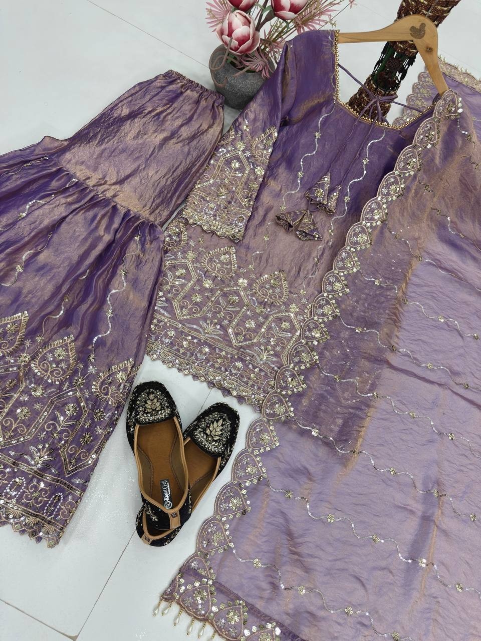 Heavy Satin Purple Top Palazzo With Dupatta For Wedding & Party Wear