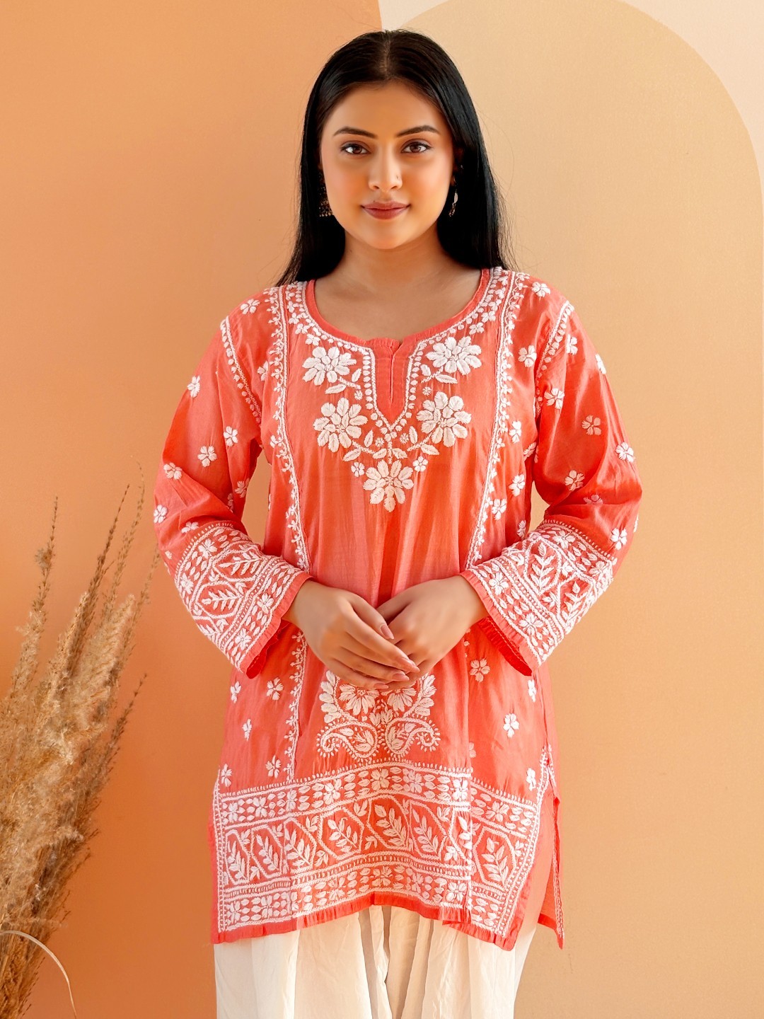 Handmade Orange Chikankari Farshi Salwar Set, Lucknowi Chikankari Salwar Suit