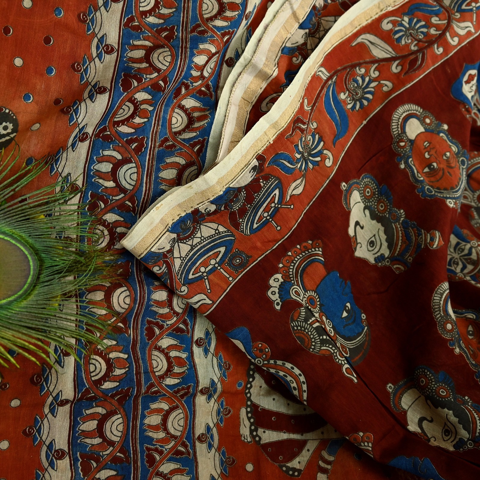 Indian Vintage Sari Pure chanderi Silk Kalamkari Print Sarees Fabric 5Yards Zari