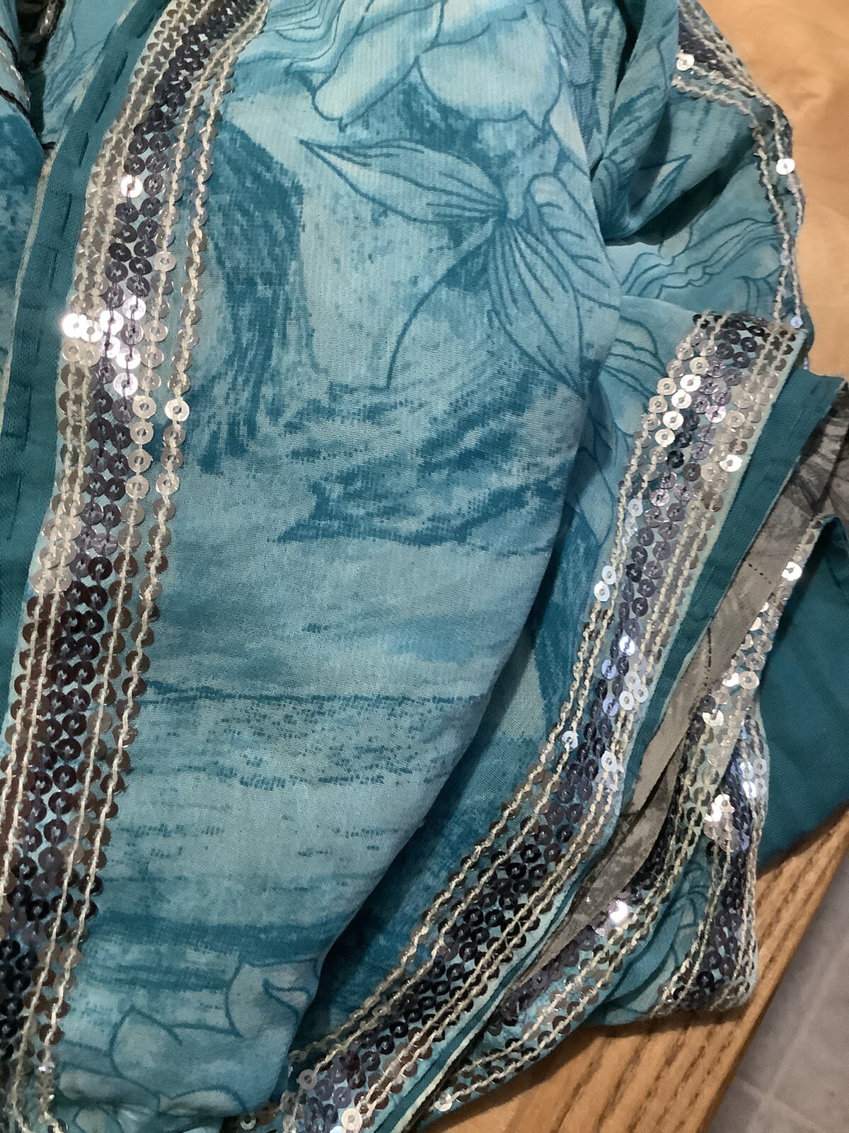 Indian Women Aqua Blue & Gray-Green Sequins Saree/Sari Wrap Dress