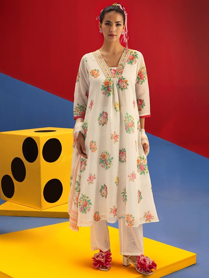 White Floral Printed A-Line Kurta with Trousers & Dupatta
