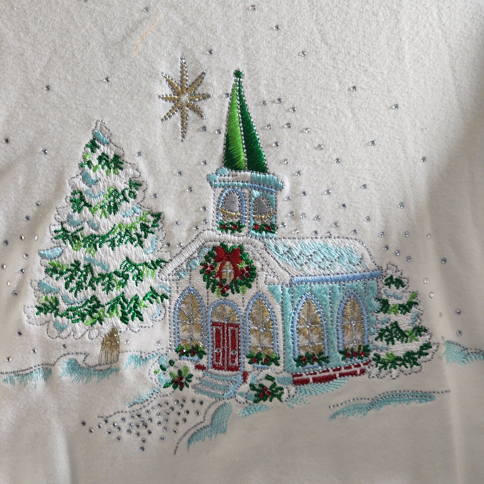 Quacker Factory Sz L CHRISTMAS CHURCH Cream Knit Pullover Sweater