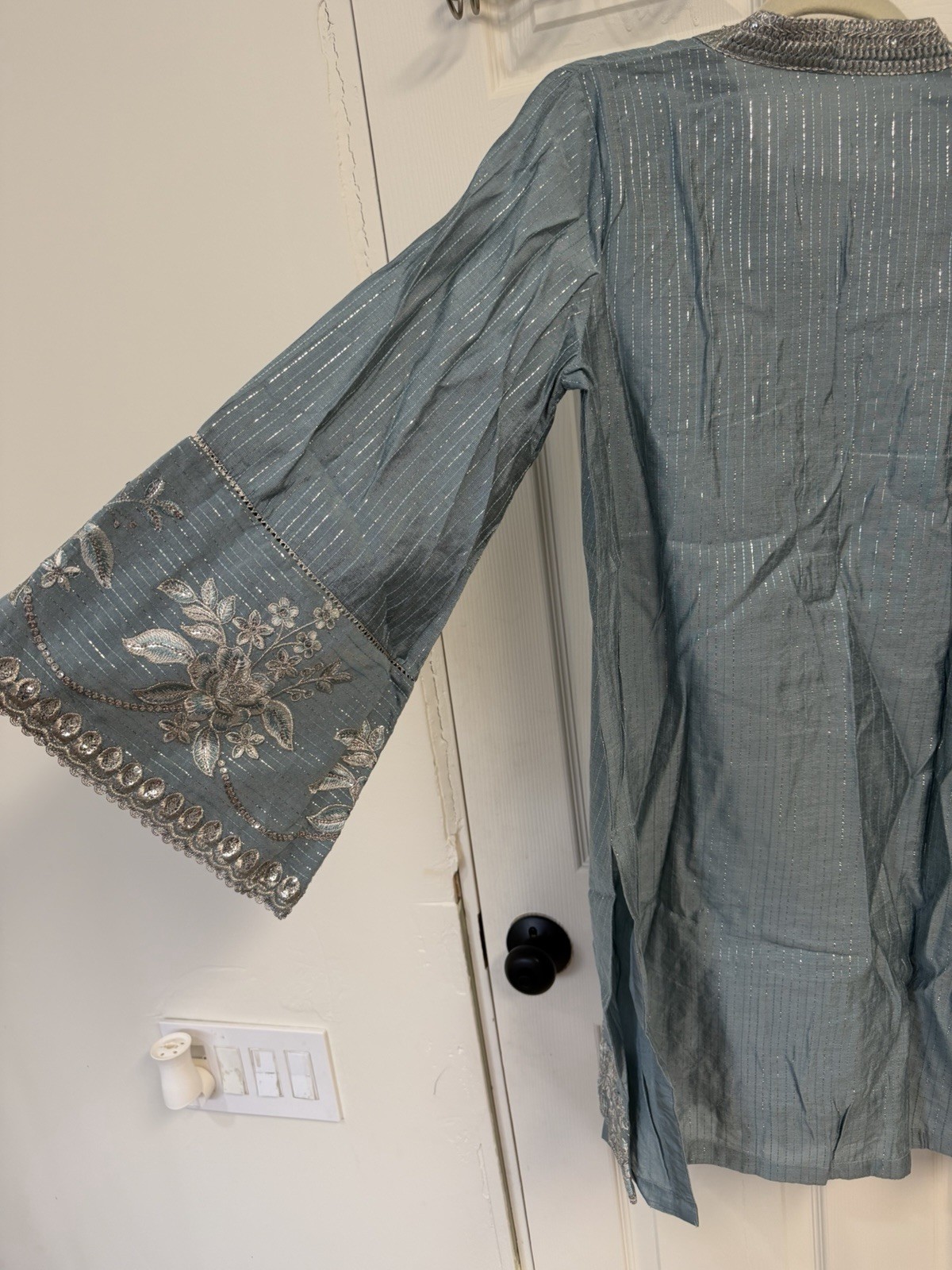 Maria B Size Medium Light Blue and Silver Embroidered 3 Piece Kameez Shalwar