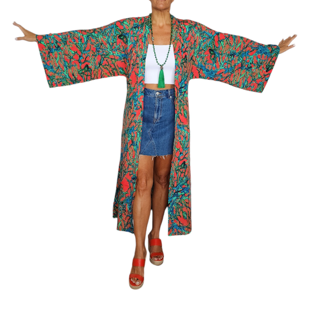 Women’s Tropical Coral Kimono – Vibrant Boho Wrap with Bold Leaf Print one size