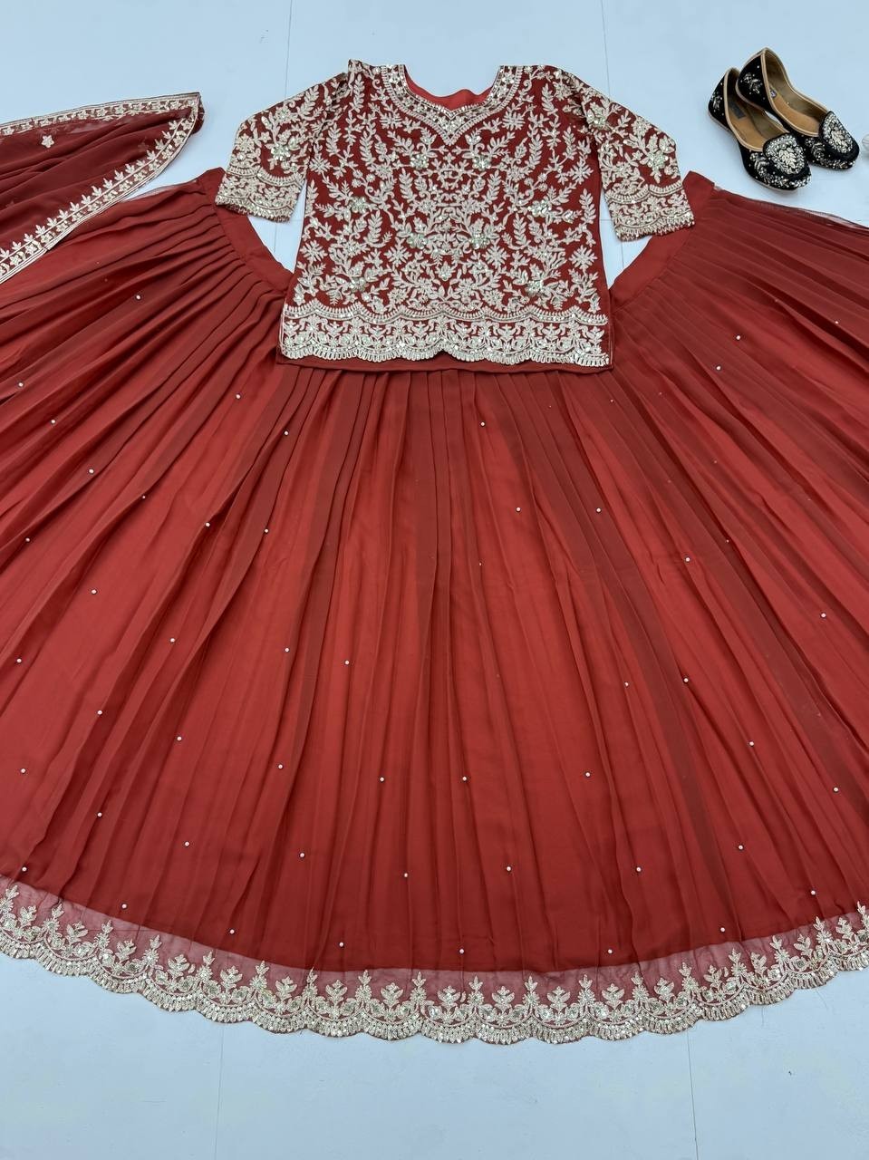 Exclusive Designer Red Faux Georgette Top Lehenga With Dupatta For Wedding