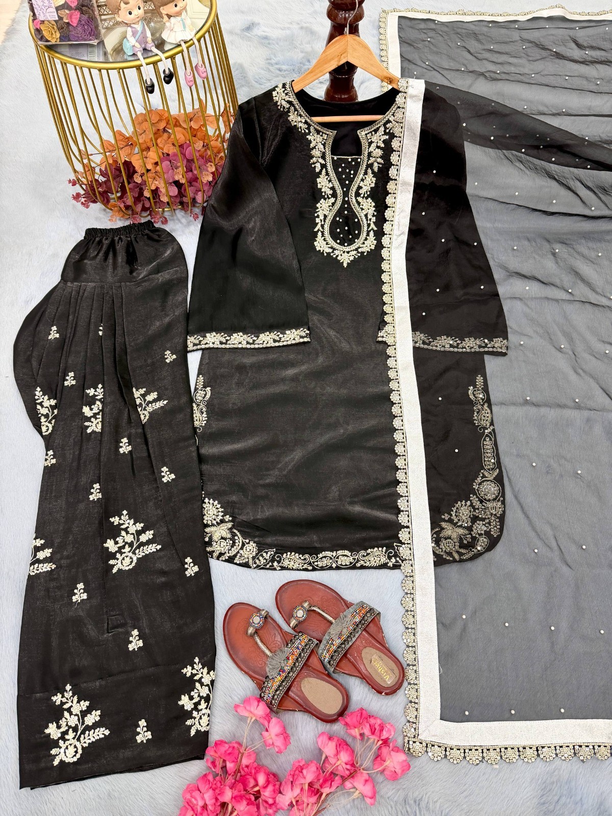Party Wear Roman Glass Silk Salwar Kameez With Organza Silk Dupatta For Women
